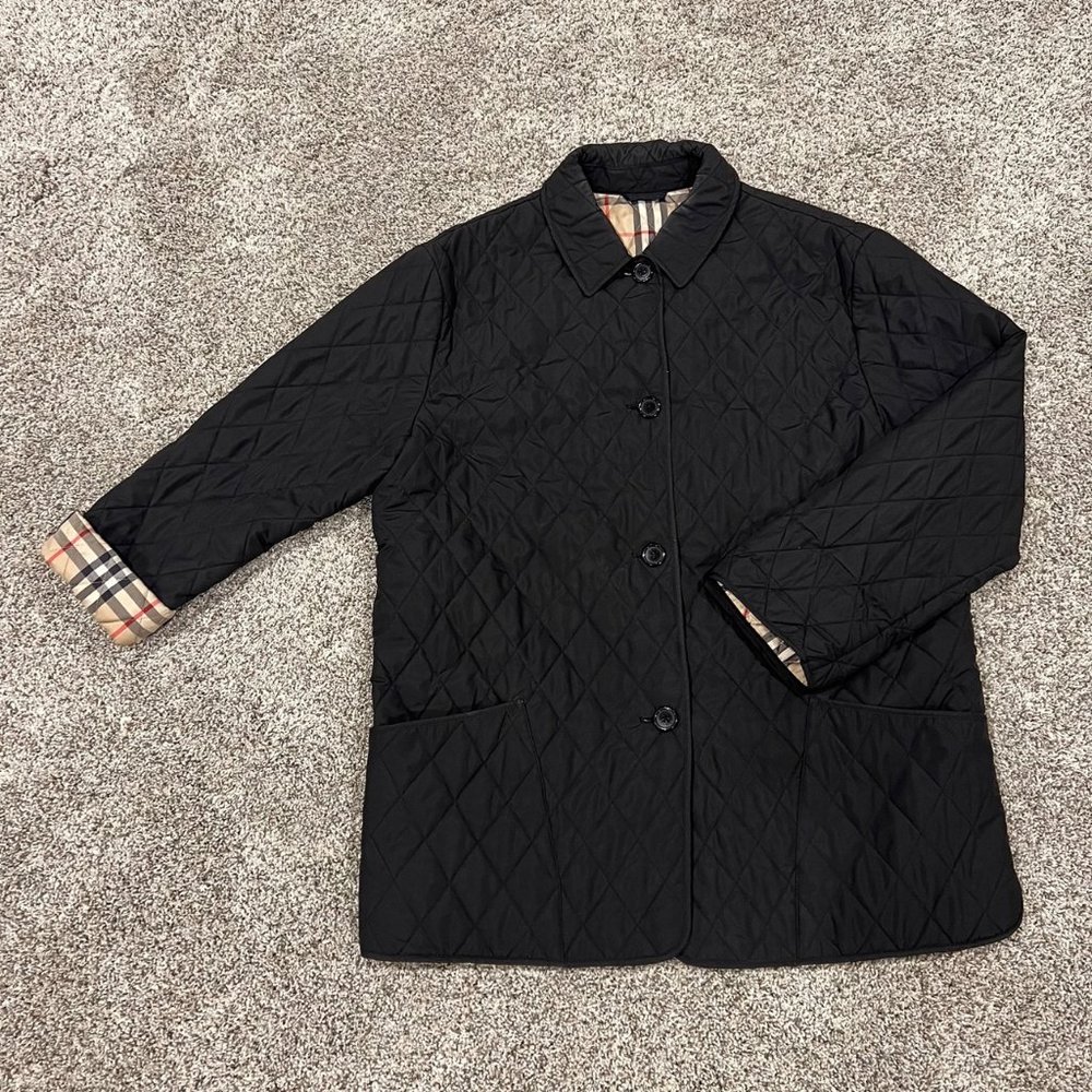 Burberry Ladies' Black Quilted Jacket w/ Tartan Check Lining